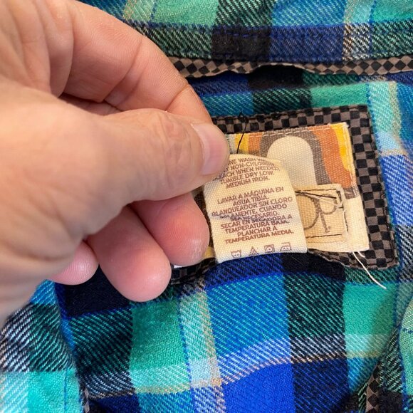 Vintage OP Ocean Pacific Mens Button Down Shirt 2XL Blue Green Plaid Flannel - Picture 6 of 10